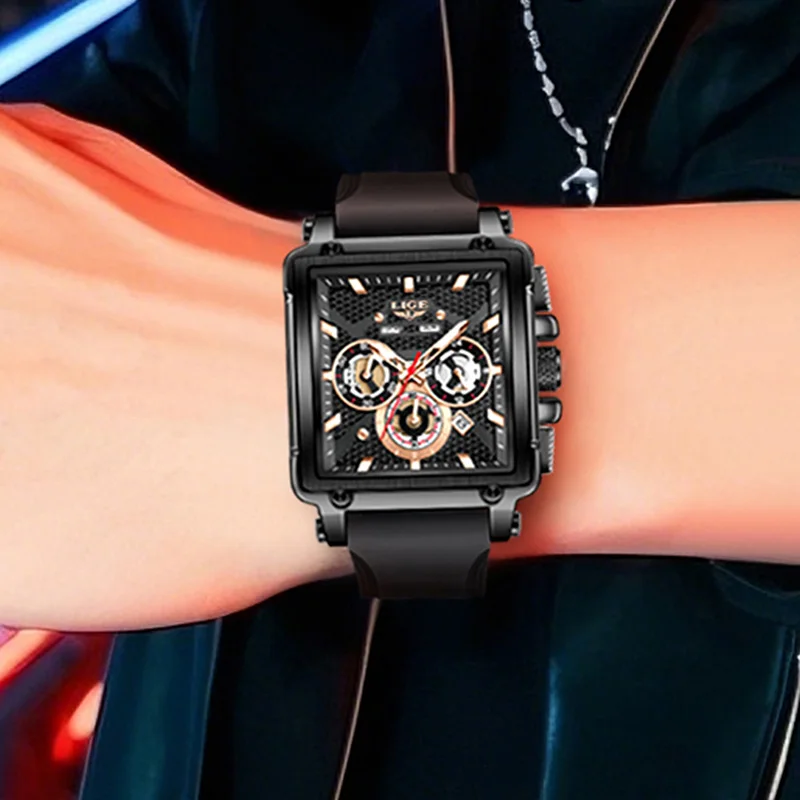LIGE Casual Quartz Wristwatch Fashion Square Waterproof Men's Watches Outdoor Sports Silicone Strap Luminous Clock Montre Homme