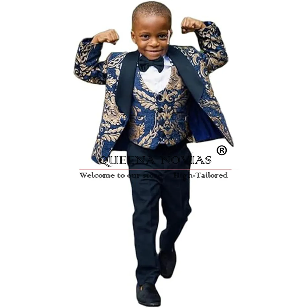 Elegant Navy Jacquard Suit Boy For Wedding Party Shawl Lapel Jacket Vest Pants 3 Pieces Children Tuxedos Tailored Kids Clothing