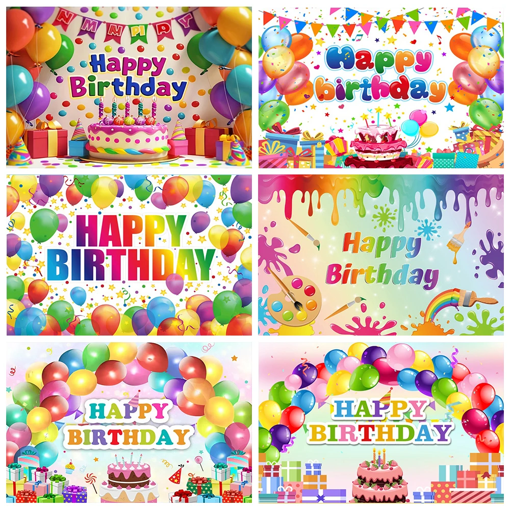 

Happy Birthday Cake Colorful Balloons Photography Backdrops Girls Boys Baby Birthday Party Photo Studio Background RF-01