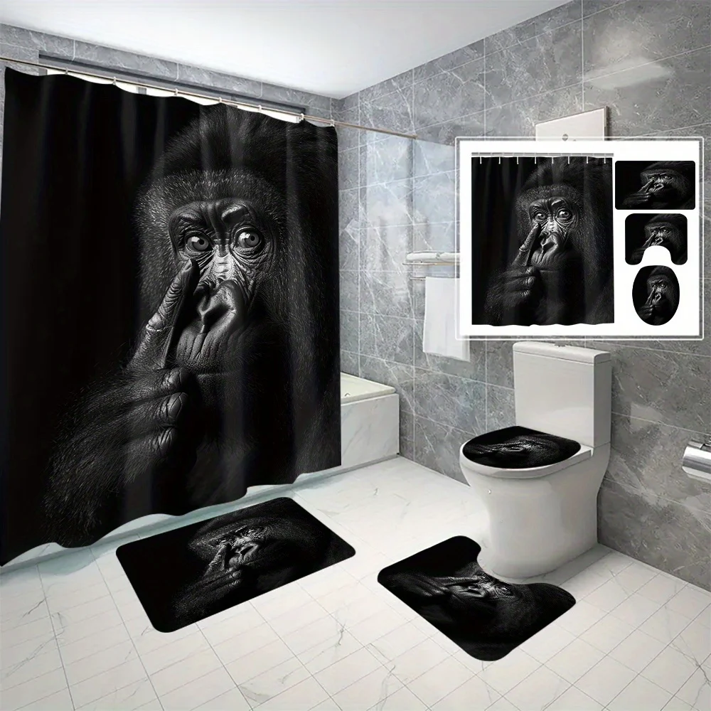 Open 1pc/3pcs/4pcs Black Gorilla Digital Print Polyester Shower Curtain No Punching Partition Bathroom