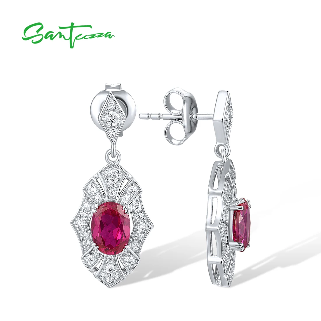 SANTUZZA Genuine 925 Sterling Silver Stud Earrings For Women Sparkling White CZ Created Ruby Dangling Grand Wedding Fine Jewelry