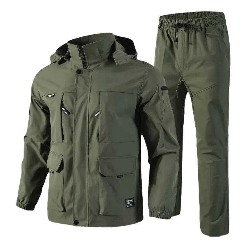 Men's Waterproof Tactical Sets Spring Autumn Detachable Hat Outdoor Hiking Workwear Combat Training Hunting Military Suit Men