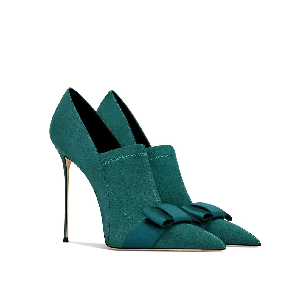 Elegant Dark Green Suede Bow French Dress Pumps Pointed Toe Stiletto Heels Women Shoes Spring 2026