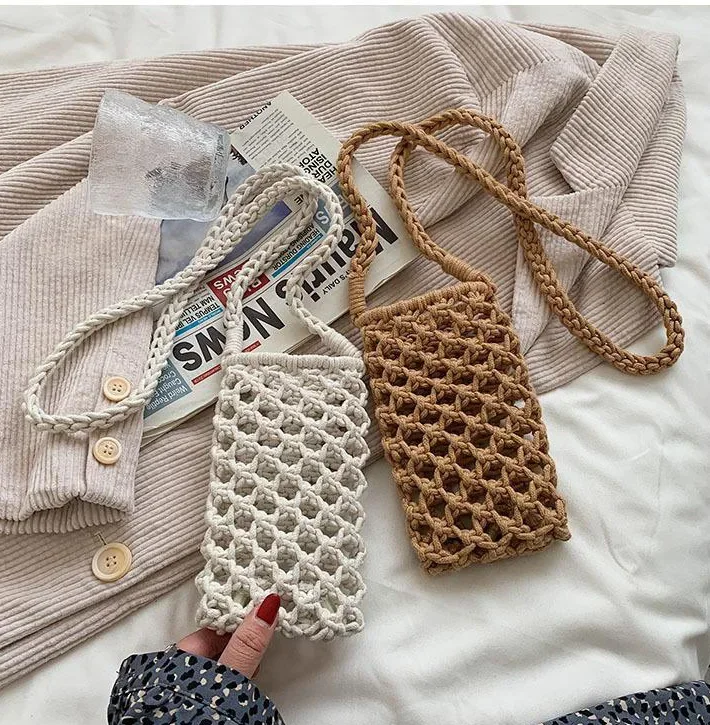 New Handmade Woven Bag Fashion Mini Crossbody Phone Bag Solid Color Hollow-out Crochet Lightweight Braided Shoulder Handbag