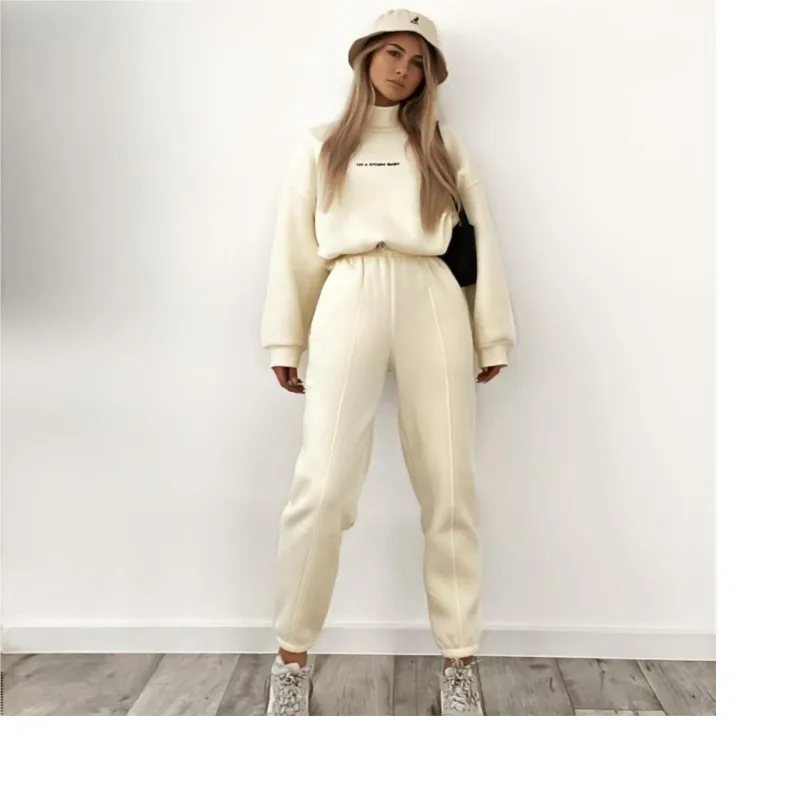 Women Solid Tracksuit 2 Piece Set Fashion High Collar High Waist Sports Pants Warm Suit Autumn Winter Lady Casual Sweatshirt Set