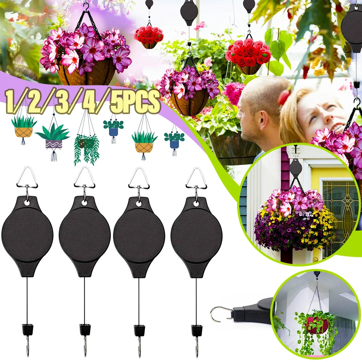 

1/5 PCS Plant Pulley Retractable Plant Hanger Hanging Flower Basket Hook for Garden Baskets Pots Birds Feeder Adjustable Height