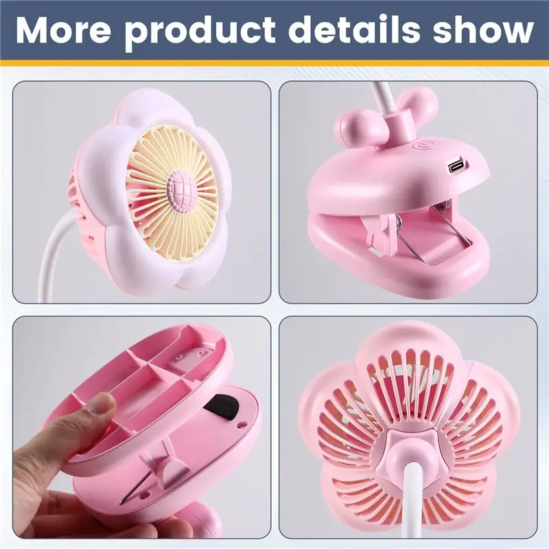 ABVI-Mini Portable Fan With LED Light 3 Speed Quiet Mini Table Fan Cute Design Flower Clip On Fan For Desk, Stroller, And Travel