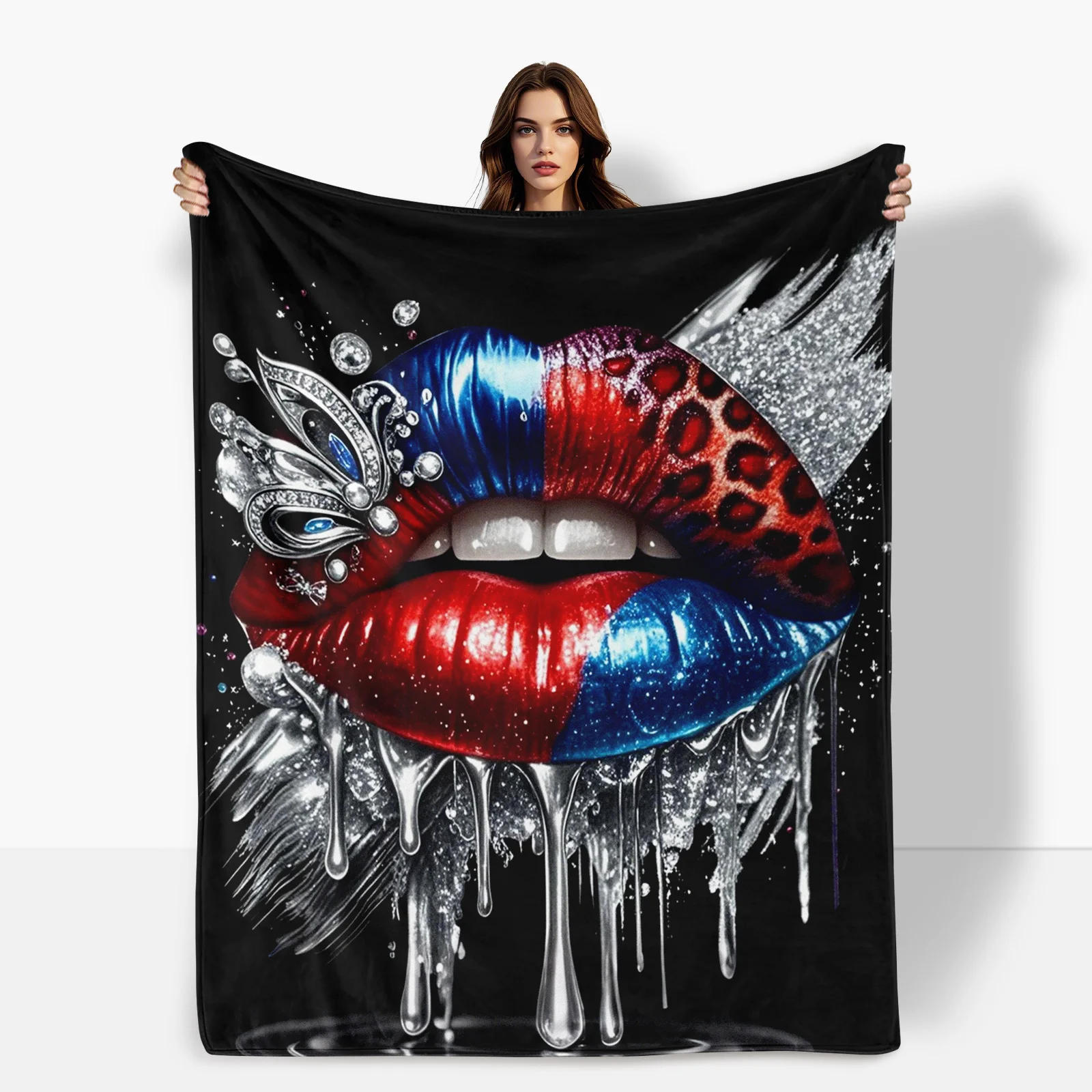 Red Blue Lips Silver Accent Elegant Style Plush Throw Blanket For Glamorous Home Decor And Cozy Comfort