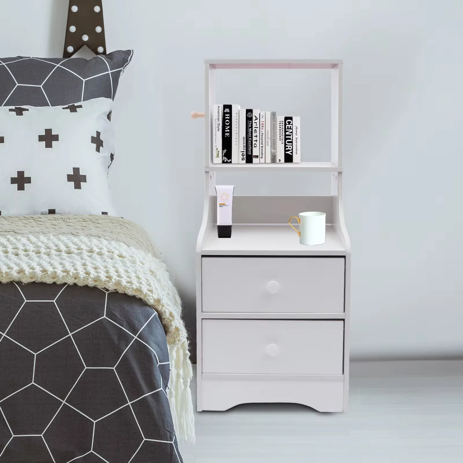 

2-Tier Bedside Tables Bed Side Table/Night Stand End Table Side Table with Peg and Baffle to Place Cups Books Alarm Clock