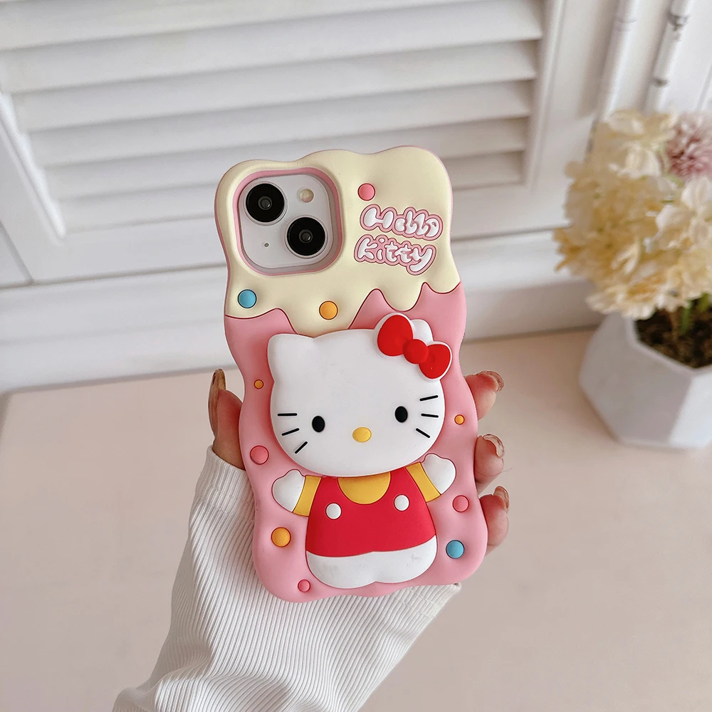 Cute Cartoon Cream Hello Kitty Telescopic Bracket Phone Case for IPhone 15 14 13 12 11 Pro Max Soft Silicone Back Cover Funda