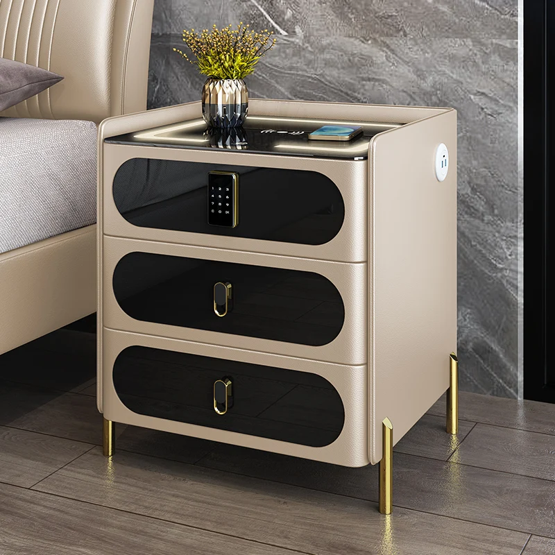 Smart Nightstand Bedside Table Password Lock Wireless Qi Charging Touch Control LED Lamp Minimalist Luxury Bedroom Storage