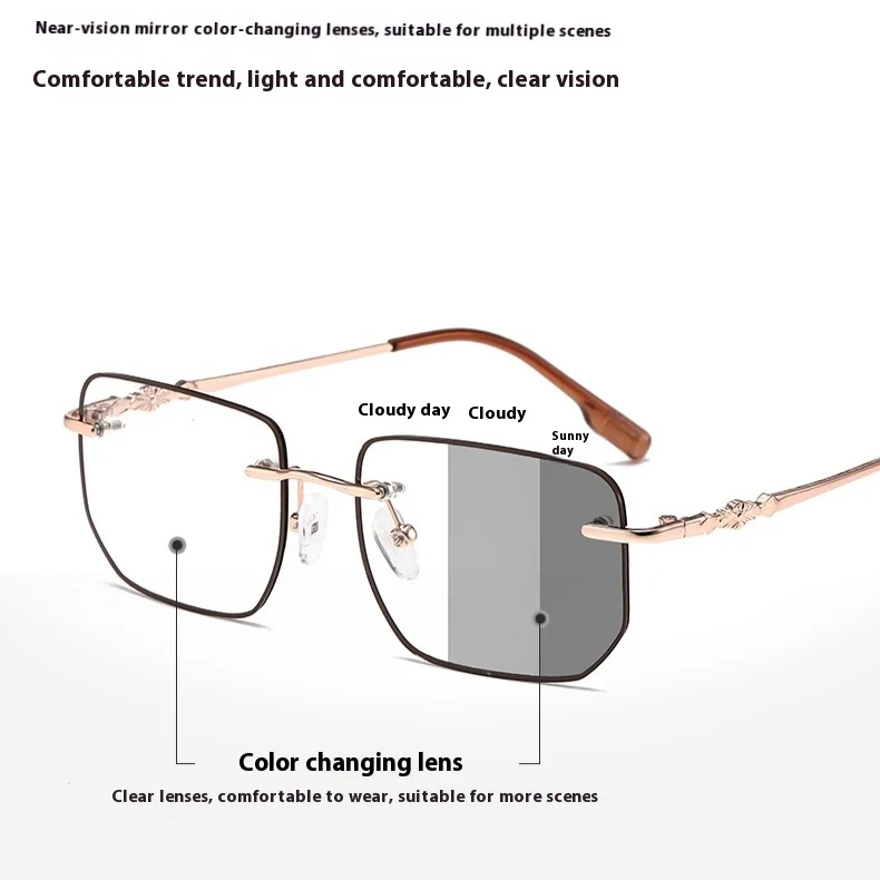 -1.25 -1.75 -2.25 -4.0Photochromic Myopia Glasses Frameless Lenses Anti Blue Light Non Prescription Flat Glasses Fashion Glasses