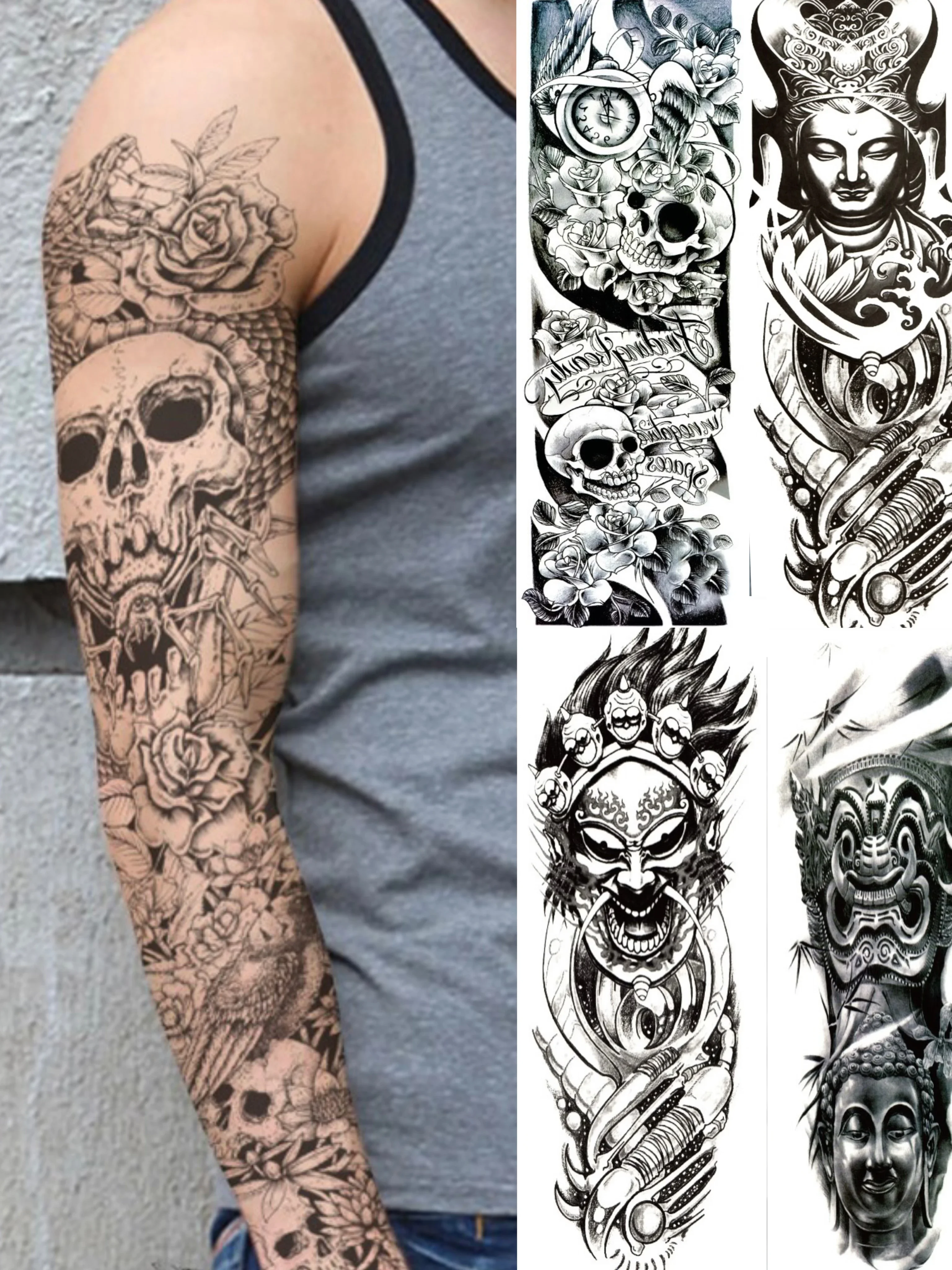 Tatuaje de manga de brazo grande para hombres, pegatina de tatuaje temporal impermeable, búho, dragón, Dios, tótem de calavera completa, tatuaje falso