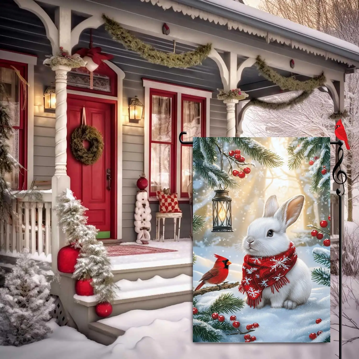 2D Door Banner, Winter Christmas Garden Flag, Outdoor 12x18 Inch Double-Sided, Holiday Farmhouse Rustic Snow Rabbit Cardinal Garden Winter Decorations, Small Outdoor Flags for Yard and Garden Décor