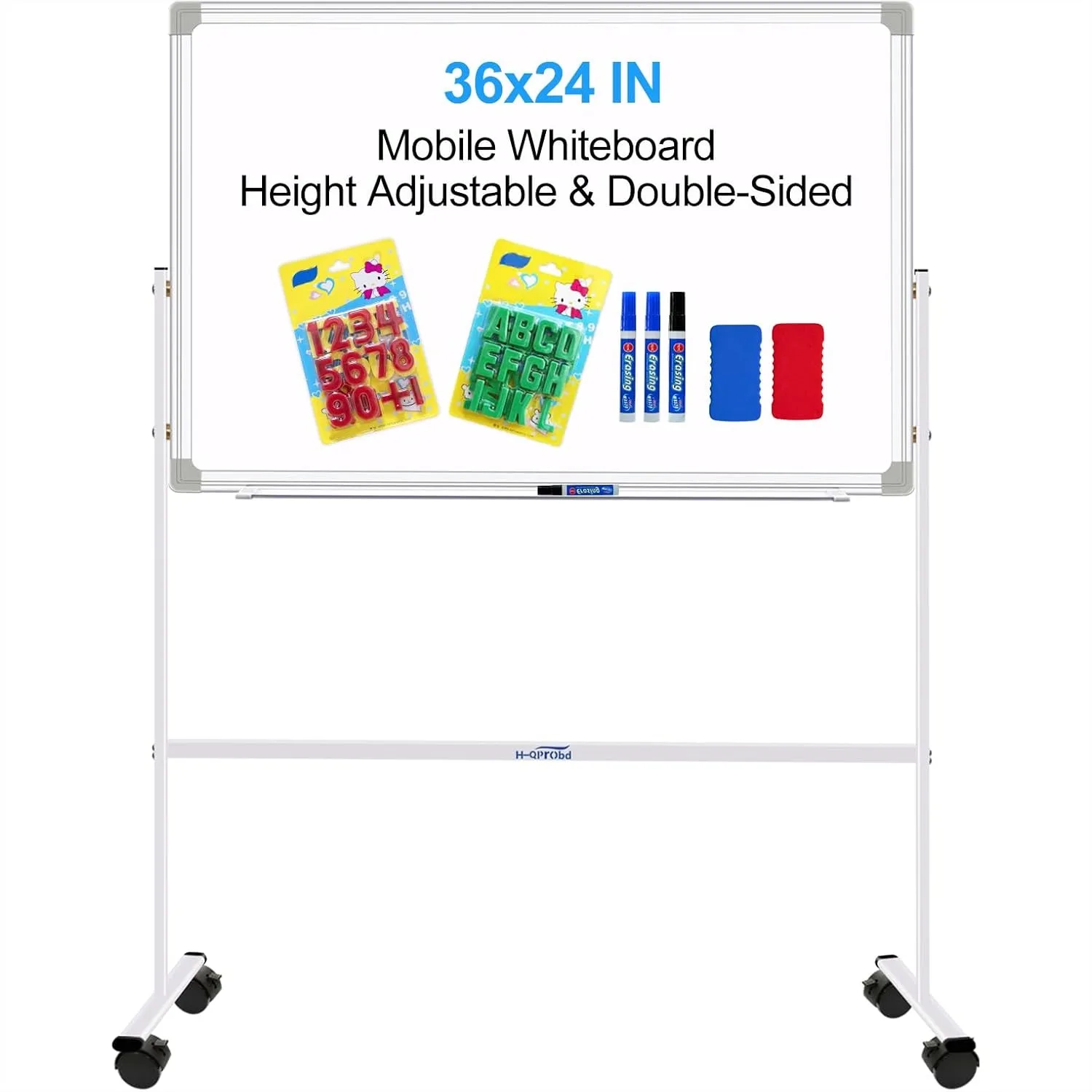 

Double-Sided Magnetic Dry Erase Board with Stand, 36x24 Adjustable Height Rolling Whiteboard for Kids & Adults
