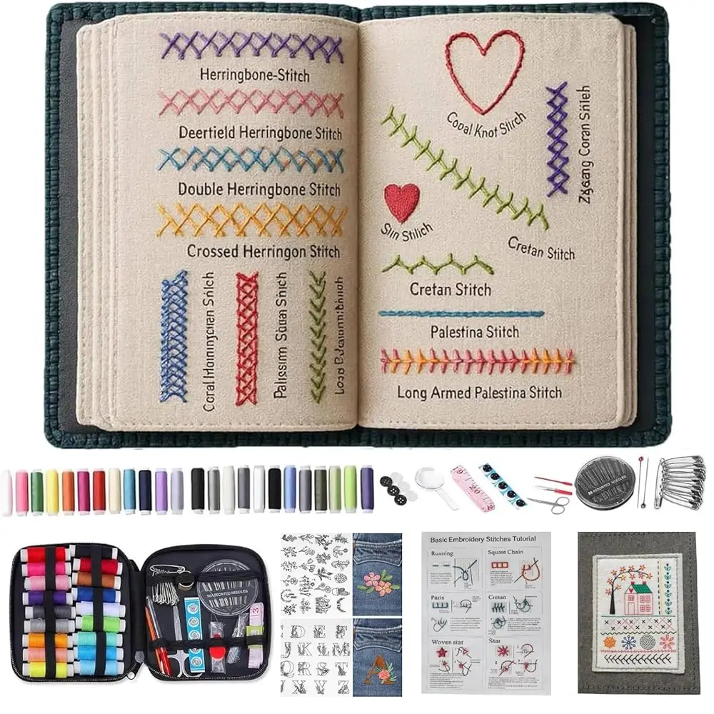 

2026 Upgraded Embroidery Stitch Book & Complete Kit for Beginners | Includes Embroidery Hoop,86 Tools,65 Water-Soluble Patter