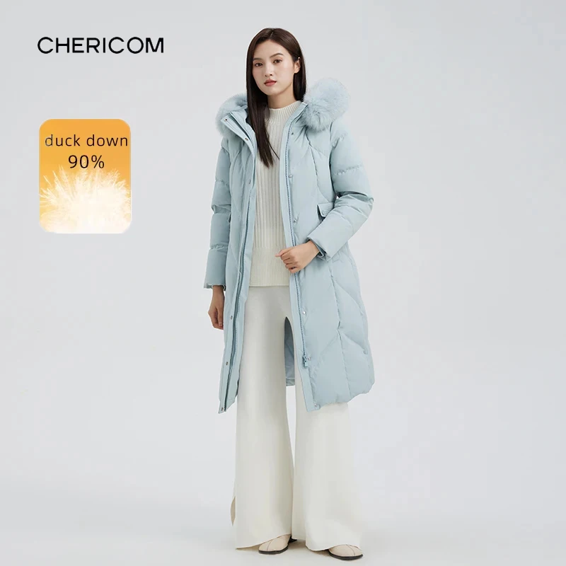 

Пуховик Chericom средней длины с лисьим мехом и капюшоном, стеганый узор, ткань высокой плотности, утолщенное ветрозащитное пуховое пальто Y299225B
