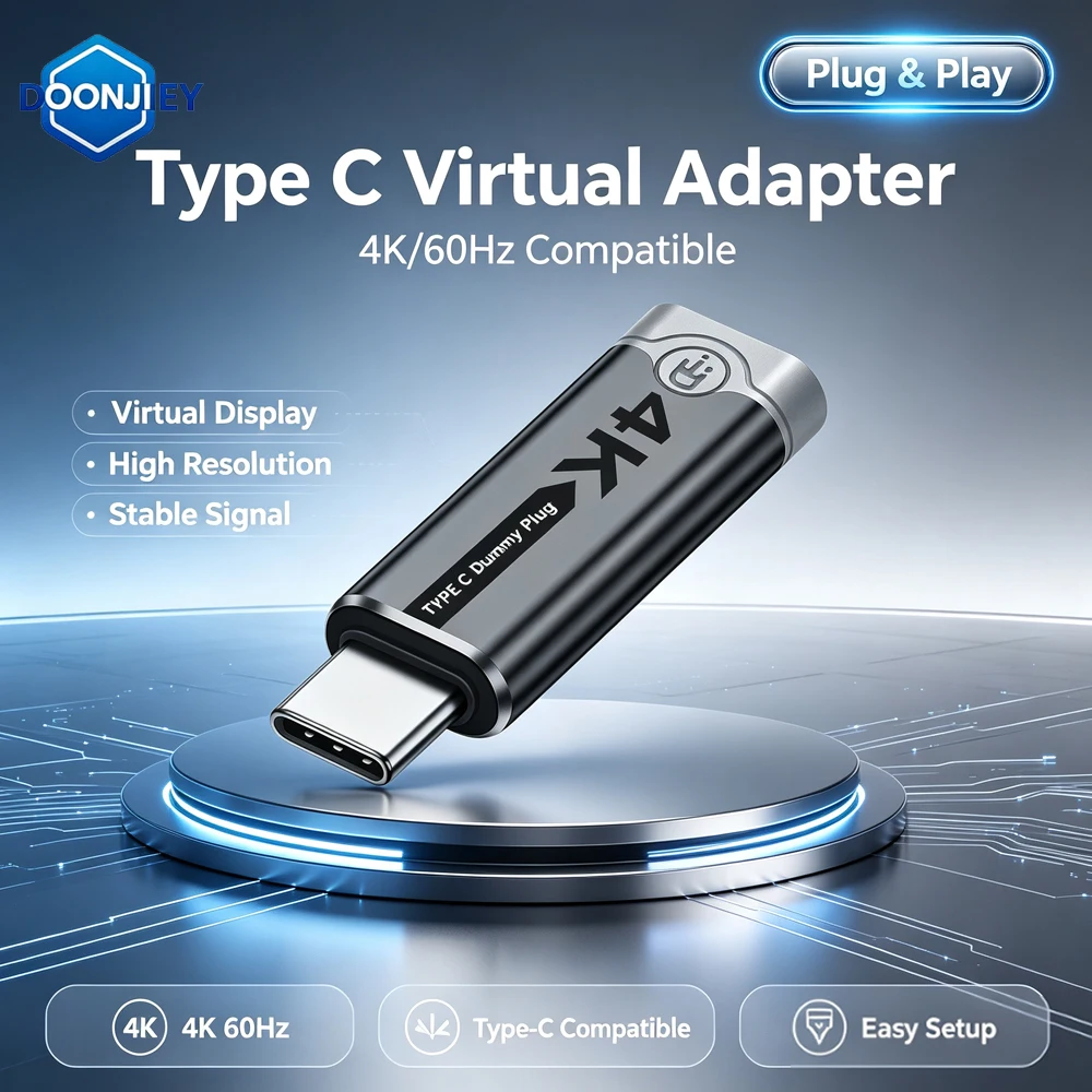 DOONJIEY Type-C Virtual Display Adapter 4K@60Hz USB-C HDR Virtual Monitor Headless Ghost Adapter with LED Compatible USB4