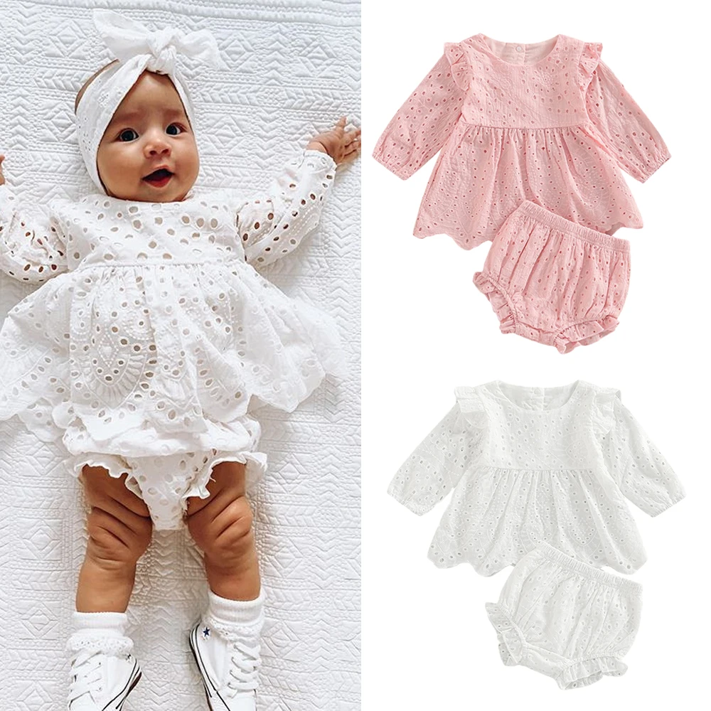 

Toddler Baby Girl Clothes Set Solid Color Cutout Round Neck Long Sleeve Dress Tops+Elastic Casual Ruffle Shorts Sunsuits Outfits