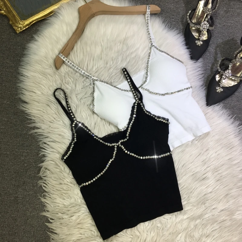 

Beads Diamonds Beautiful Back Women Camisole Elastic Waist Thin Strap Chest Pad Tube Top Summer Sleeveless Tanks Crop Camis