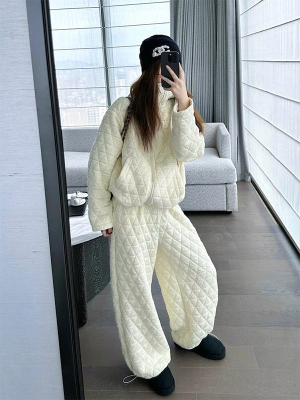 

Women's Autumn Winter Thiened Warmth Sports Suit Set Cotton Jaet Wide Leg Pants Two Piece Set Faionable Casual Sle