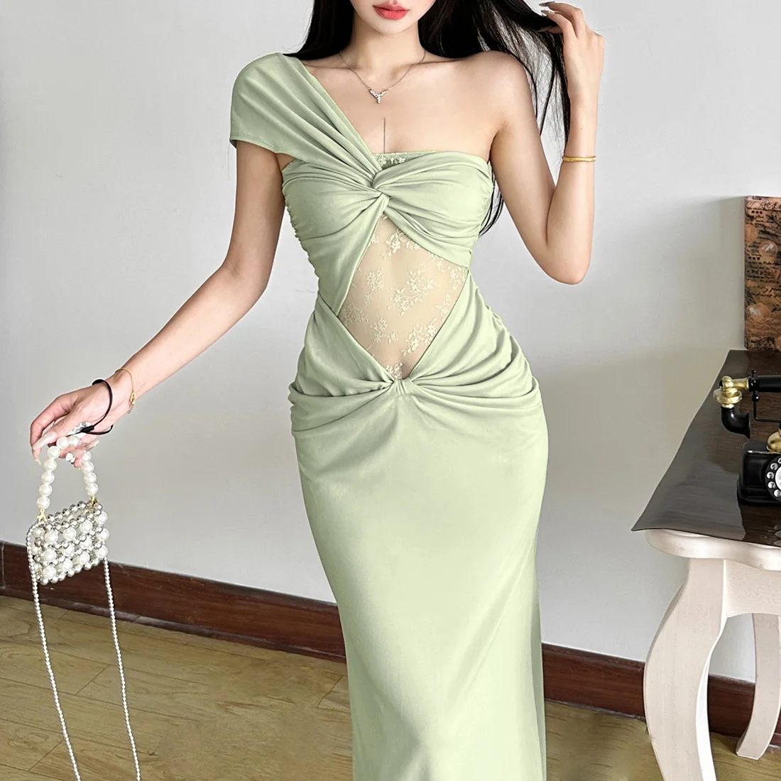 

SKMY 2026 Summer New Women Clothing Solid Color Hollow Out Lace Splicing Diagonal Shoulder Ruched Long Dresses Party Clubwear
