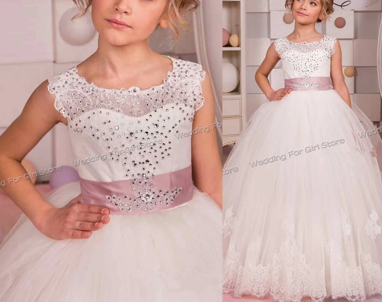 

Formal Crystals Tulle Flower Girl Dresses for Wedding Children Pageant Ball Gown Holy Communion Kids Princess Lace Dresses