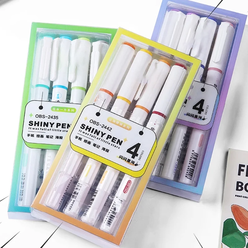 

4 Colors/Box Kawaii Glitter Highlighter Pen Pastel Fine Pastel Highlighter Marker Scrapbook Painted Stationery School Supplies