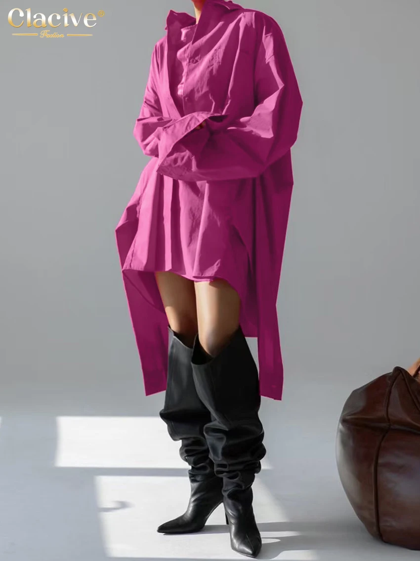 Clacive Fashion Loose Dark Pink Cotton Women's Blouse 2025 Casual Lapel Long Sleeve Shirt Elegant Classic Solid Tops Female