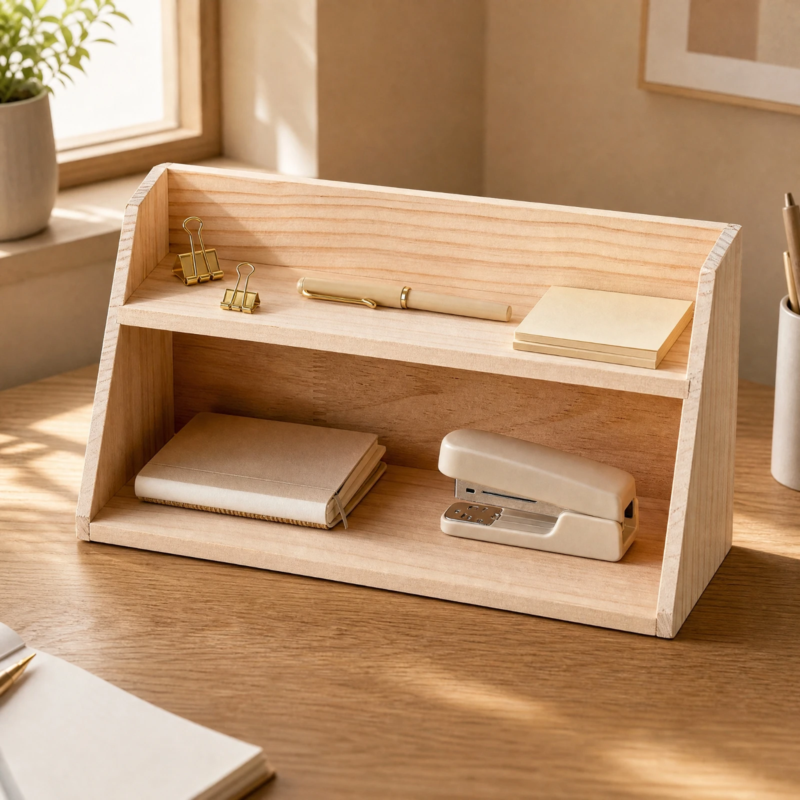 No-Assembly Tabletop Storage Shelf Compact Solid Wood Desktop Storage Shelf Rustic Wooden Desktop Organizer Space-Saving