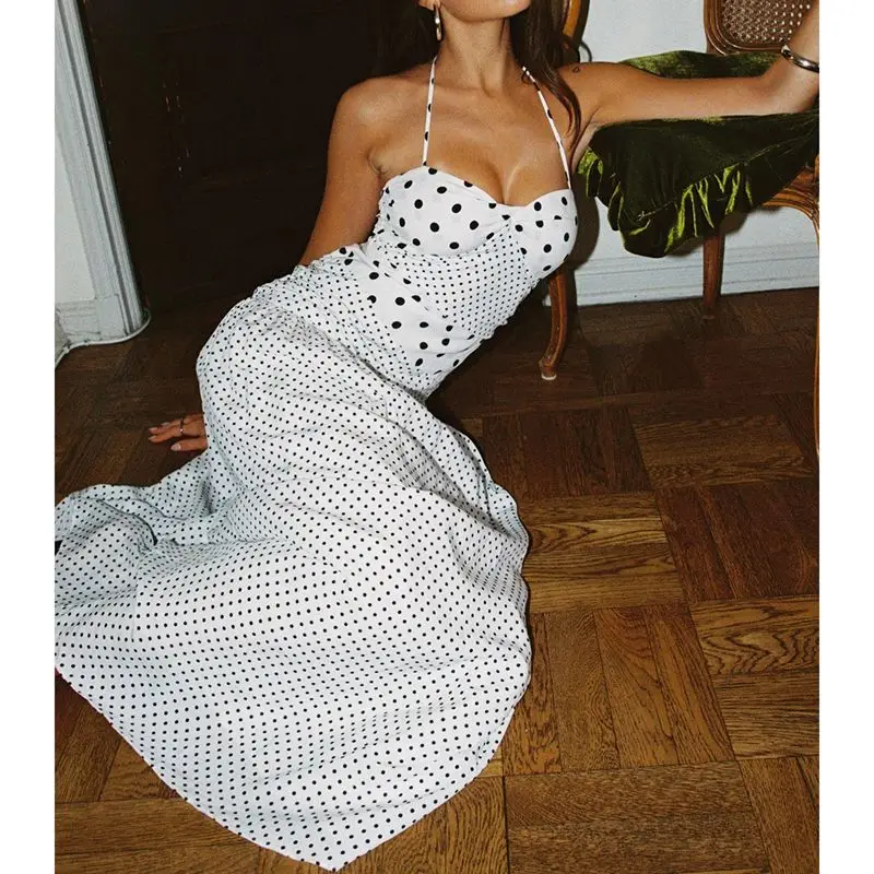 Combhasaki Women Summer Sleeveless Backless Lace-up Halter Ruched V-Neck Dot Print Ruffle Low Waist Beach A-line Long Cami Dress