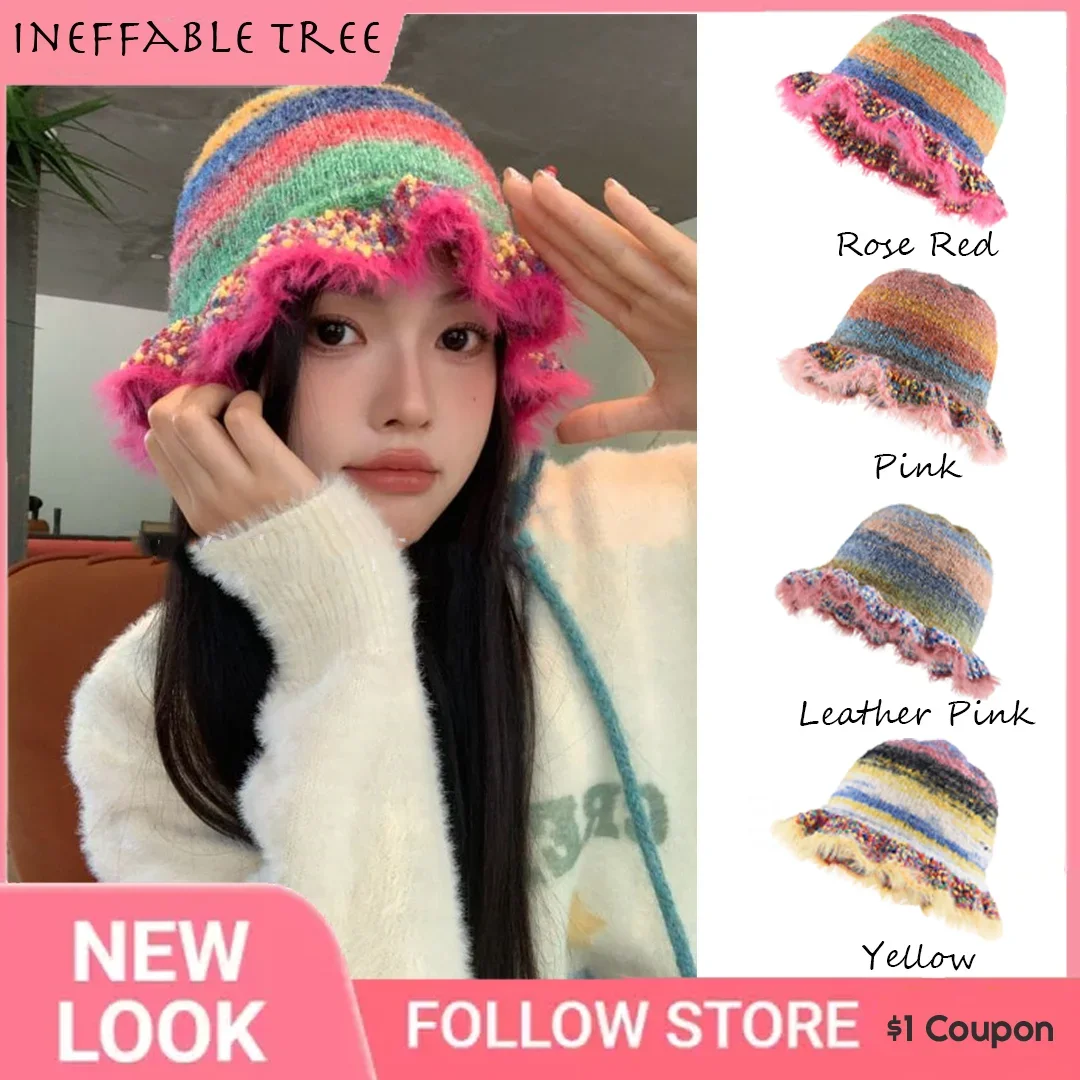 

Rainbow Striped Knitted Bucket Hat Winter Warm Windproof Cap for Women