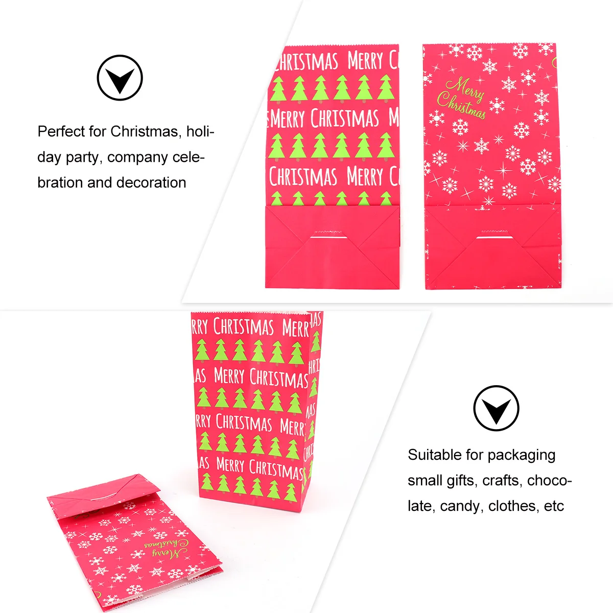 

12Pcs Christmas Paper Bag Red Kraft Gift Pouch Merry Christmas Snowflake Tree Pattern Food Safe for Holiday Party Favor Wrap