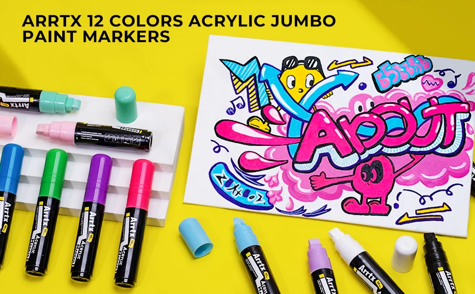 Arrtx Acryl-Farbmarker, Jumbo-Marker mit 10 mm Filzspitze, 12er-Pack neonfarbene Graffiti-Marker, permanente Farbstifte – Detail 4