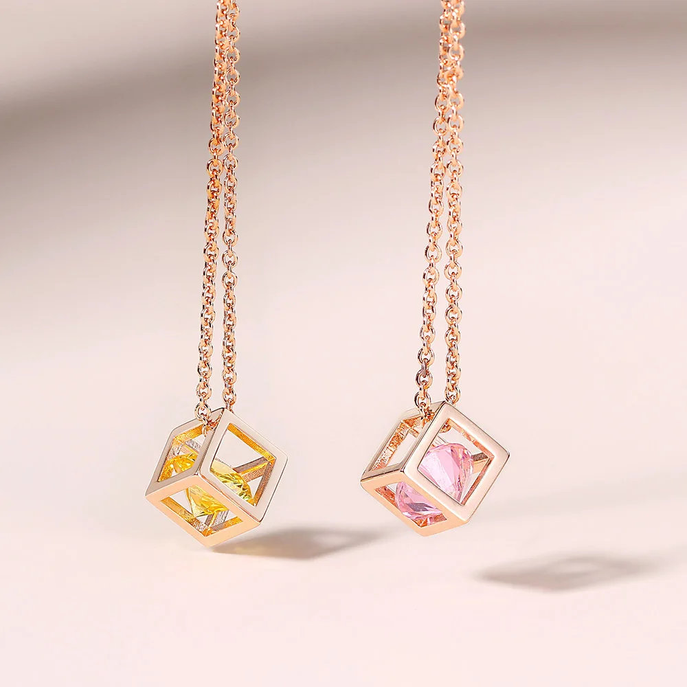 Hollow Out Cube Crystal Pendant Necklace For Women Kpop Colorful Zirconia Rose Gold Color Choker Chain On The Neck Jewelry N425