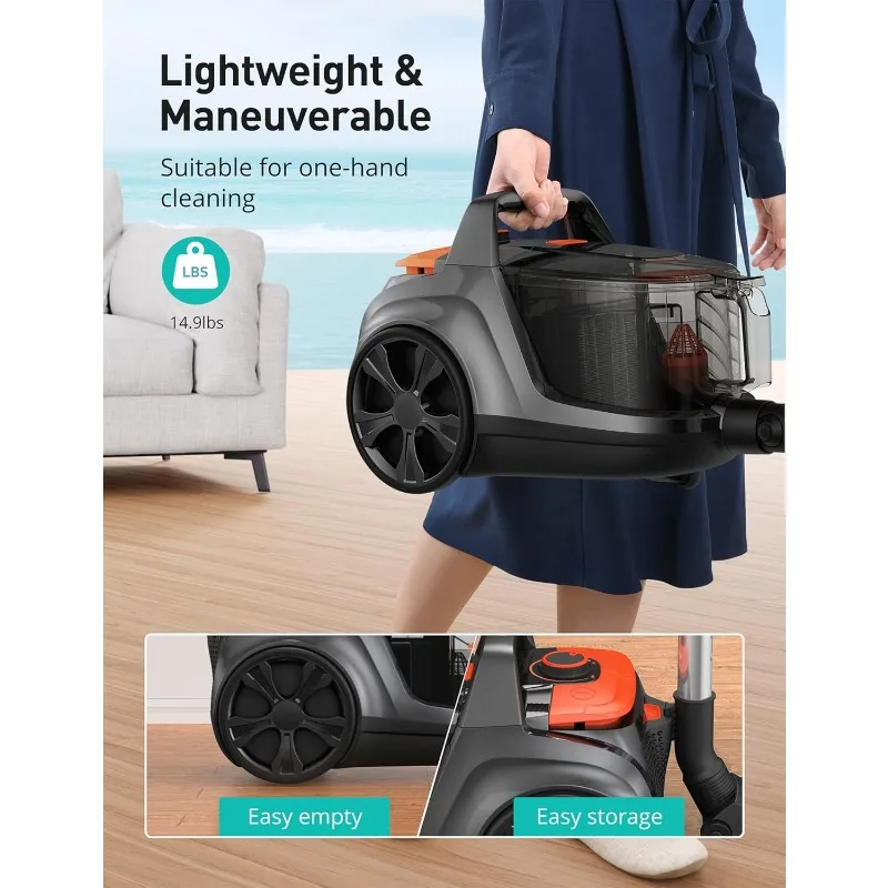 Aspiron Canister Vacuum Cleaner, Lightweight Bagless Vacuum Cleaner, 3.7QT Large Dust Cup, Automatic Cord Rewind, 5 Tools