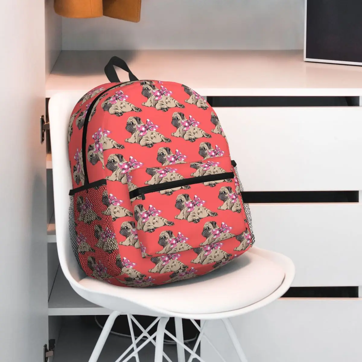 Mochila escolar con diseño de perro Pug perezoso con lazo rosa, mochila escolar para niños, bolsos de hombro para ordenador portátil para niños y niñas