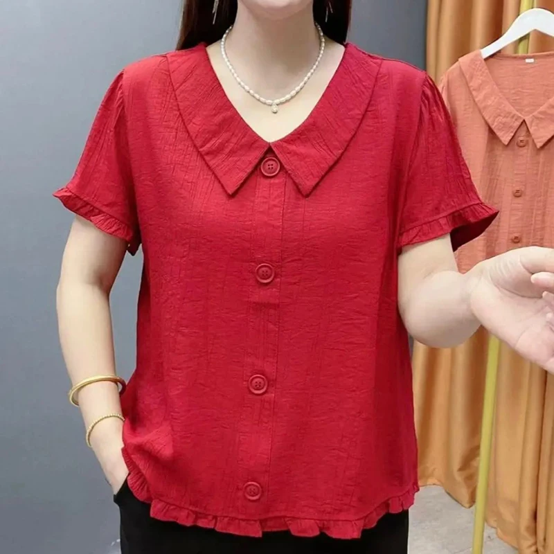 

Elegant Solid Color Button Spliced All-match Ruffles Blouse Women's Clothing Summer New Casual Pullovers Office Lady Shirt