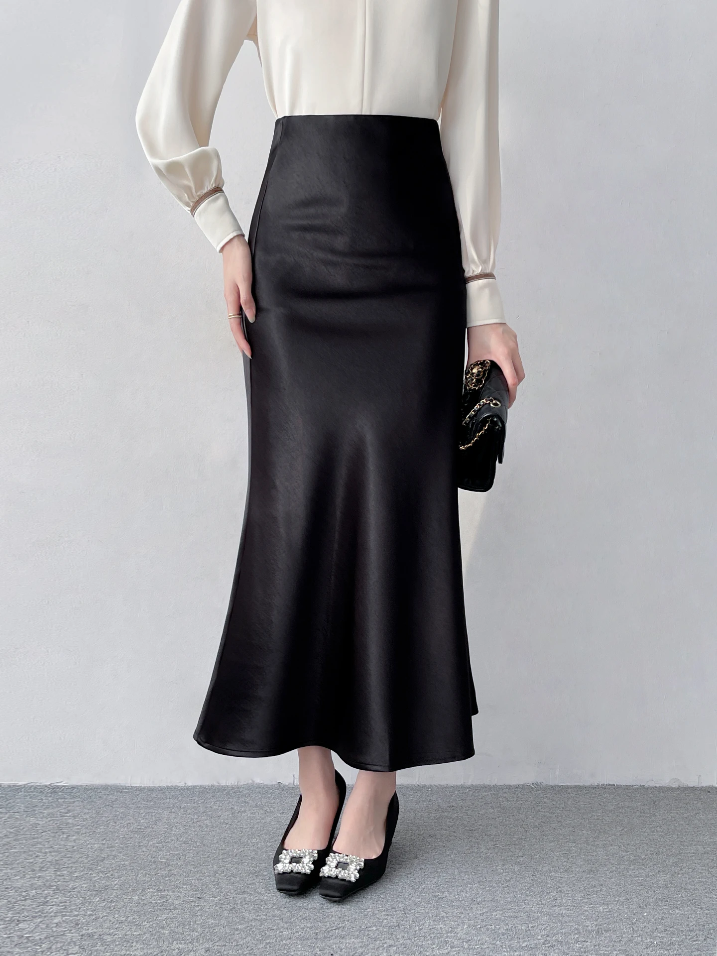 

High Waist Texture Sensation Satin Fi Tail Skirt Women's Winter Thi Elastic Waist Long Skirt Korean Sle Commute Skirt