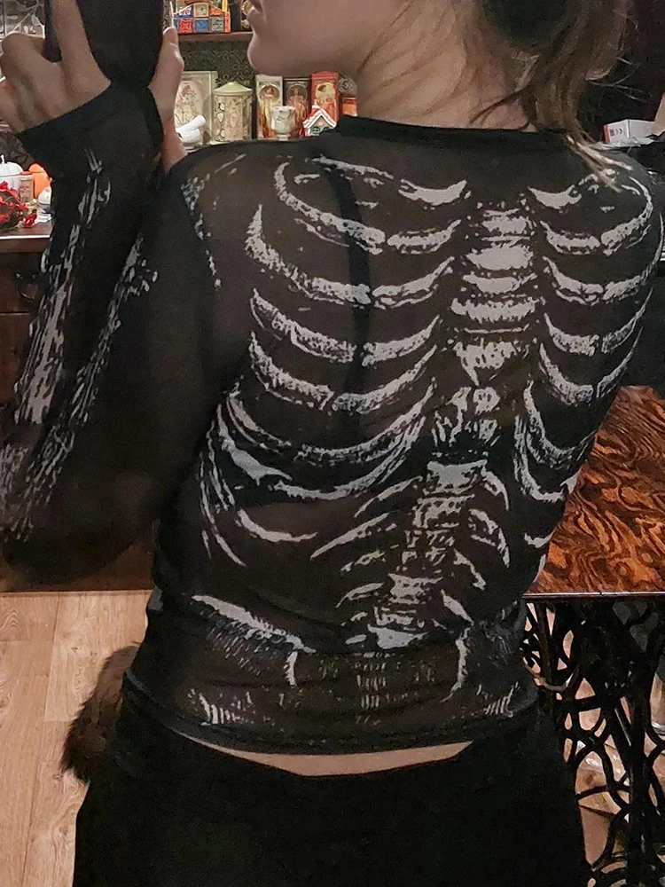 Camisa gótica Punk de los años 2000 para mujer, Top corto de manga larga con cuello redondo y estampado de esqueleto, ropa de Academia oscura negra, camisetas y2k, ropa de calle