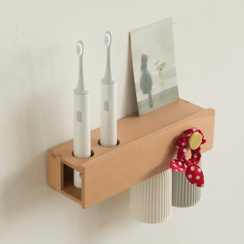 Solid Wood WallMounted Electric Toothbrush Holder NoDrill Bathroom Storage for Tooth Cups Perfume Elegant Organizer