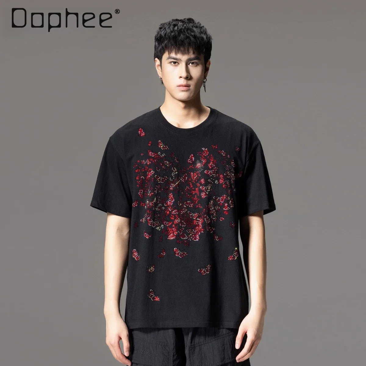 

2026 Summer New Men's Red Butterfly Rhinestone Printed Loose Casual Daily Round Neck Short Sleeve Streetwear Black T-shirt