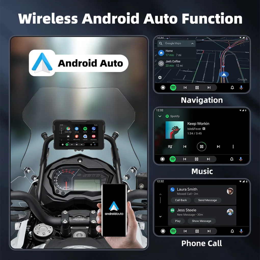 لوحة قيادة رقمية محمولة للدراجات النارية مقاس 5 بوصات لاسلكية CarPlay Moto Android Auto GPS شاشة عرض تعمل باللمس للملاحة للدراجات النارية