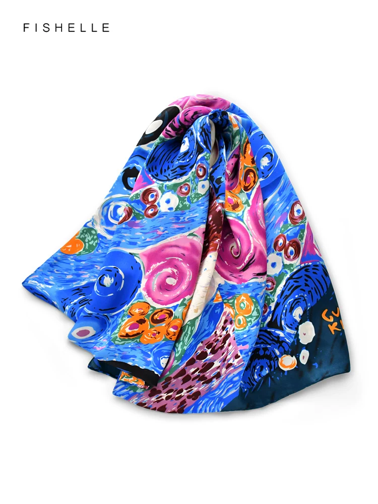 

Blue oil painting 100% natural silk long scarf bandana hijab shawl luxury gift head scarves women wrap high quality neckerchief