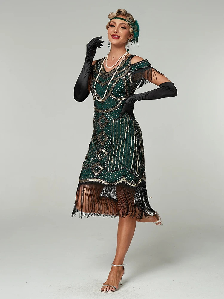 Vestidos de los Años 20, Vestidos Estilo Gran Gatsby para Mujer con Flecos, Disfraces de los Años 20 con Accesorios para Noches de Harlem