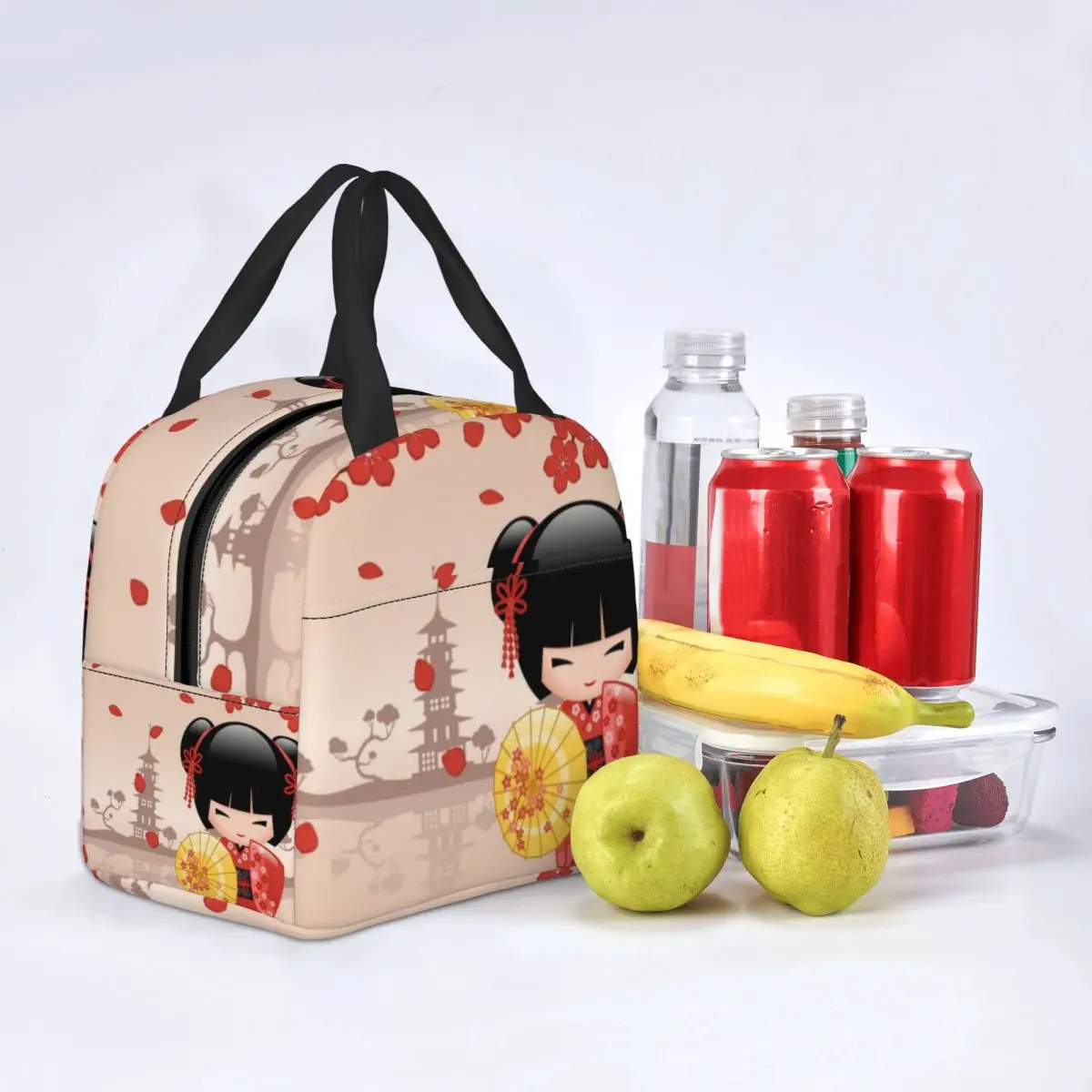 Japanese Red Sakura Kokeshi Doll Insulated Lunch Bag for Women Resuable Cute Girly Cherry Blossom Thermal Cooler Lunch Box