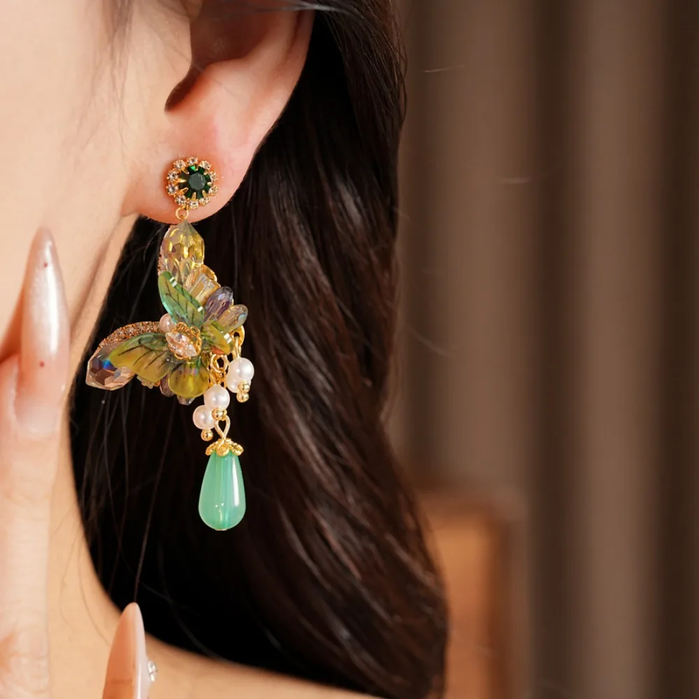 Dreamy Vintage Green Pavé Zircon Butterfly Imitation Pearl Tassel Dangle Earrings for Women Romantic Garden Party Jewelry Gift