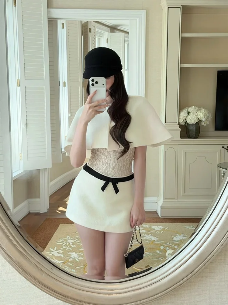 

Elegant Lace Embroidered Cape Style Top Women's Fashion High Waist Short Skirt Set Three Piece French Style Winter Collection