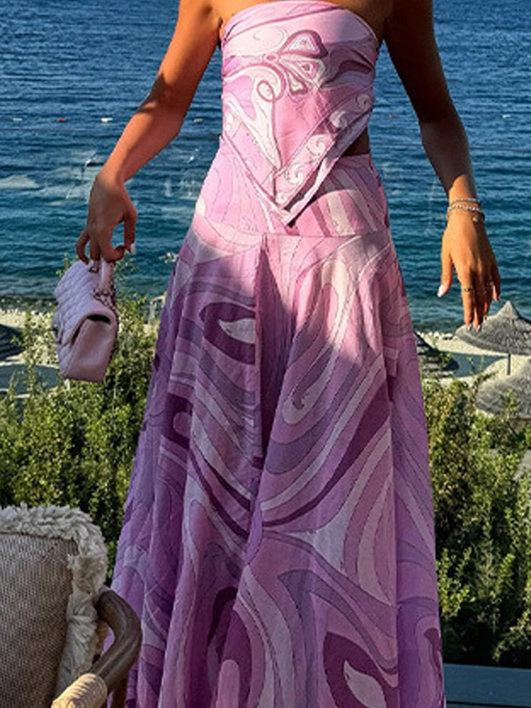 

Women Elegant Pattern Priint Irregular Vacation Suit Fashion Sleeveless Party 2Pc Sets Sexy Strapless Tops & Long Skirt Outfits