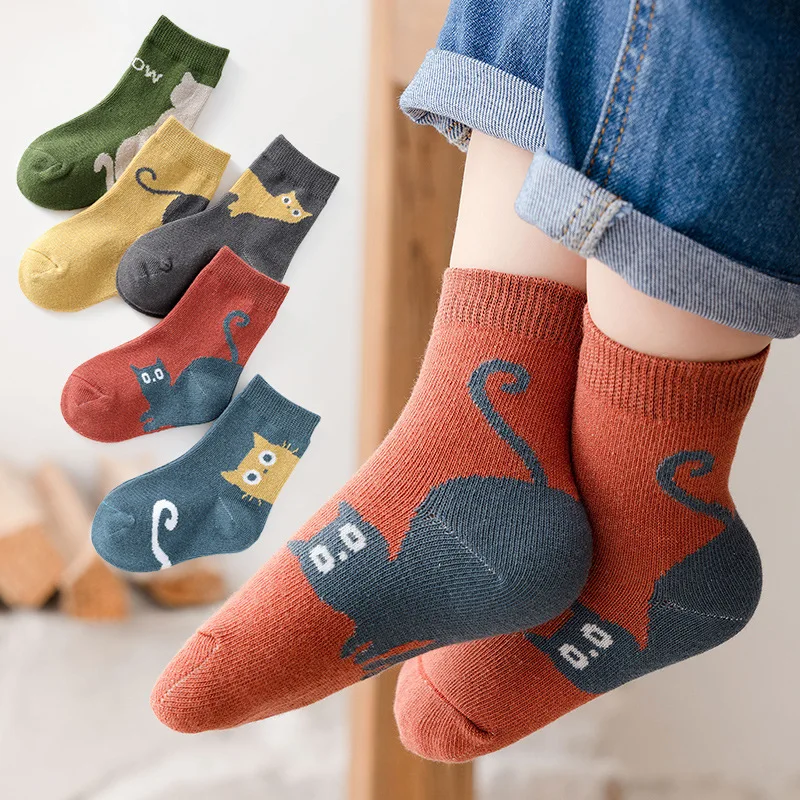 5 Paar vier Jahreszeiten Kinder-Babysocken, Cartoon-Socken für Kinder, Jungen, mittlere Röhrensocken, Katzenmuster, bequem, atmungsaktiv, für Kleinkinder, Jungen